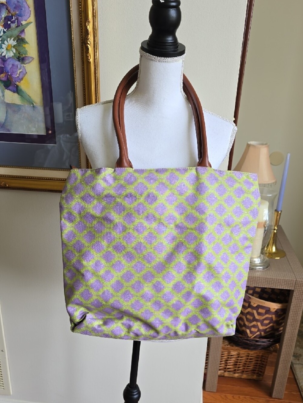 Lavender and Lime Metallic Patterned Tote with Brown Handles